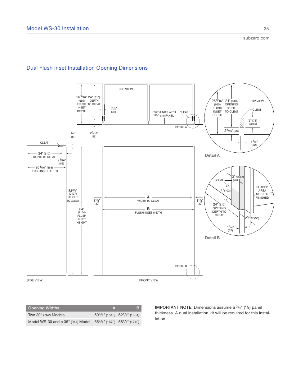 Model ws-30 installation, Dual flush inset installation opening dimensions | Sub-Zero 427R User Manual | Page 35 / 56