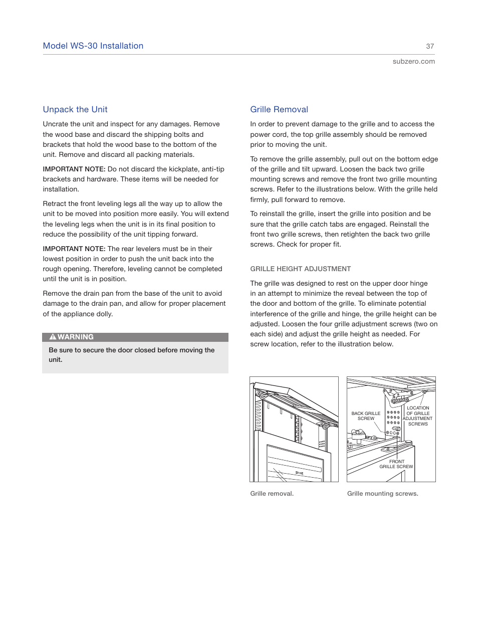 Model ws-30 installation, Unpack the unit, Grille removal | Sub-Zero 427R User Manual | Page 37 / 56
