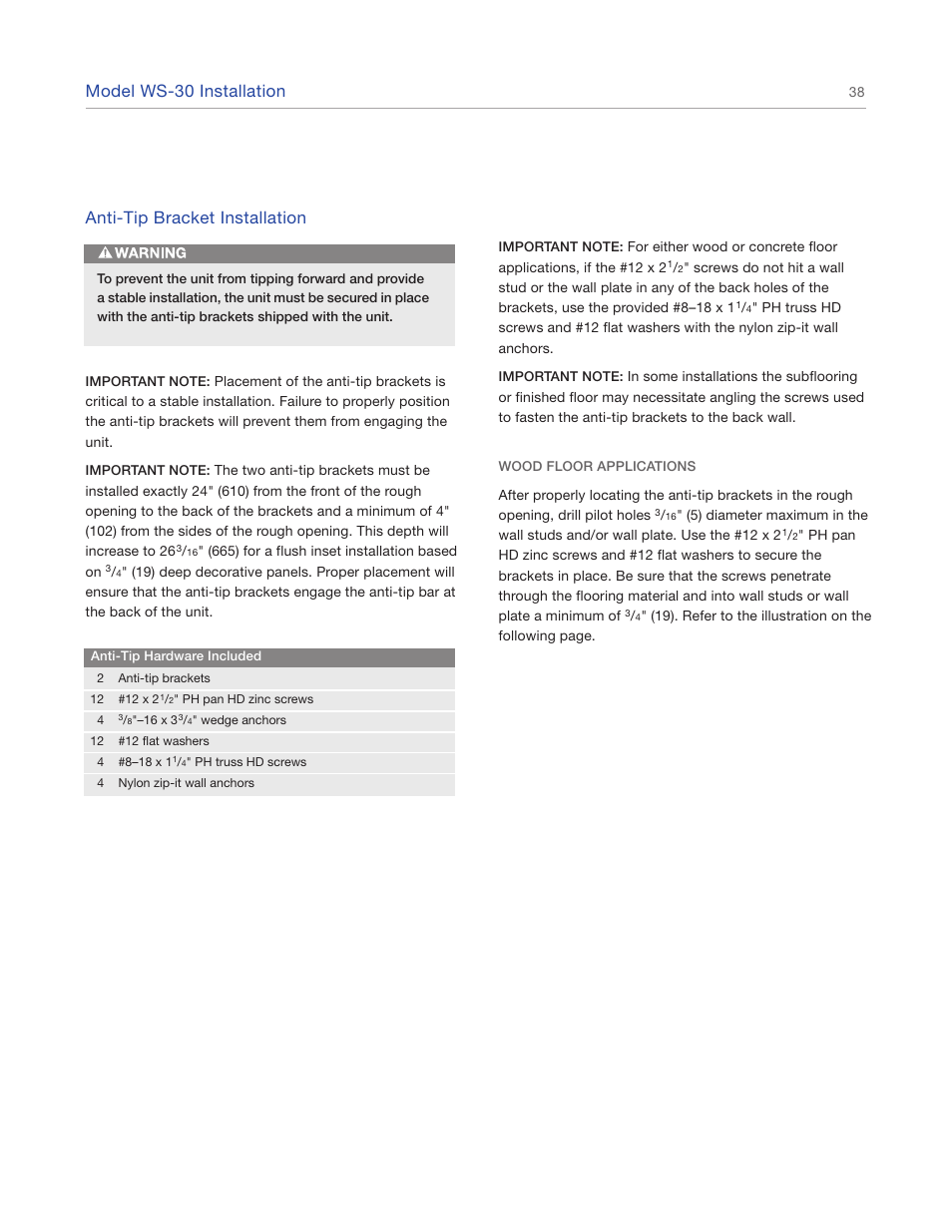 Model ws-30 installation, Anti-tip bracket installation | Sub-Zero 427R User Manual | Page 38 / 56