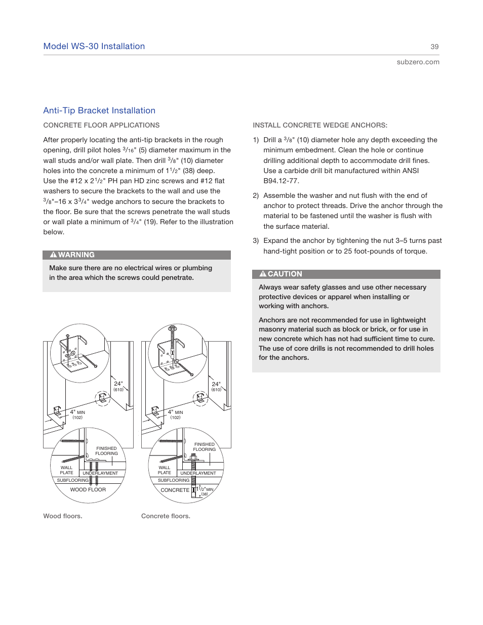 Model ws-30 installation, Anti-tip bracket installation | Sub-Zero 427R User Manual | Page 39 / 56