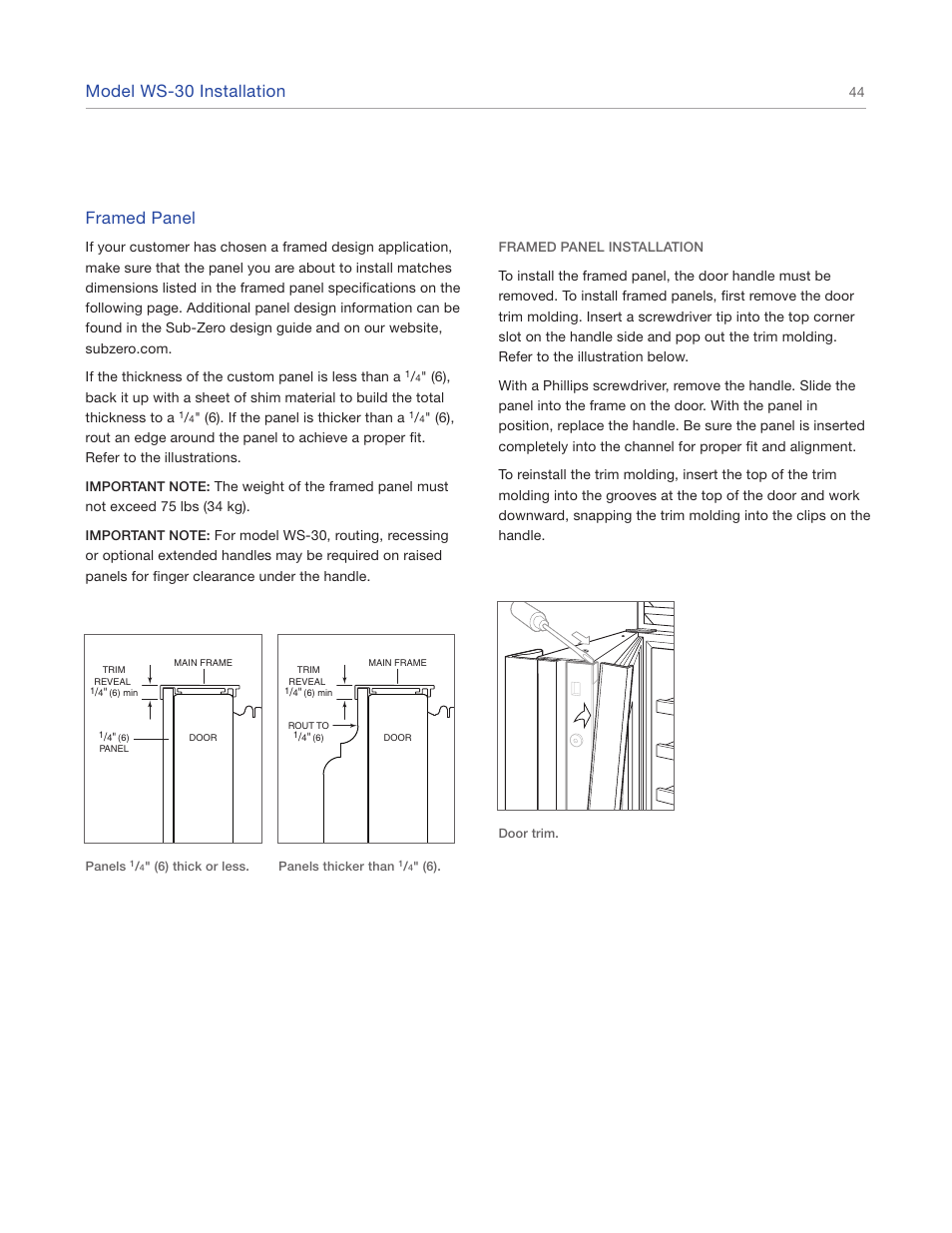 Model ws-30 installation, Framed panel | Sub-Zero 427R User Manual | Page 44 / 56