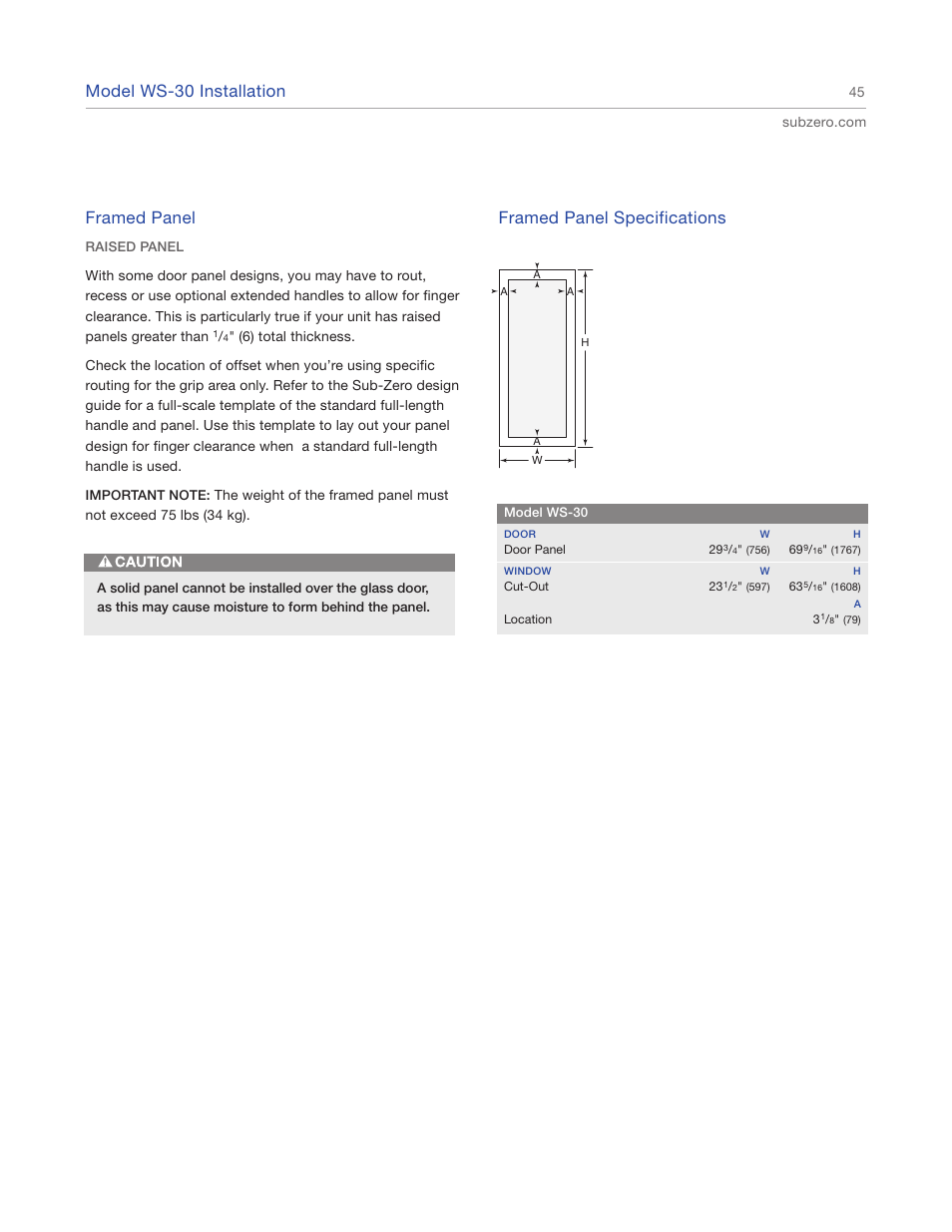 Model ws-30 installation, Framed panel, Framed panel specifications | Sub-Zero 427R User Manual | Page 45 / 56