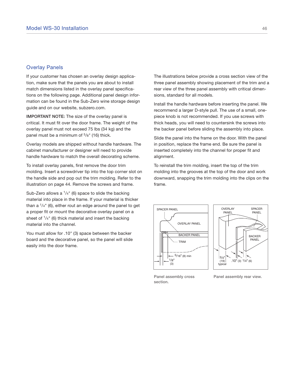 Model ws-30 installation, Overlay panels | Sub-Zero 427R User Manual | Page 46 / 56
