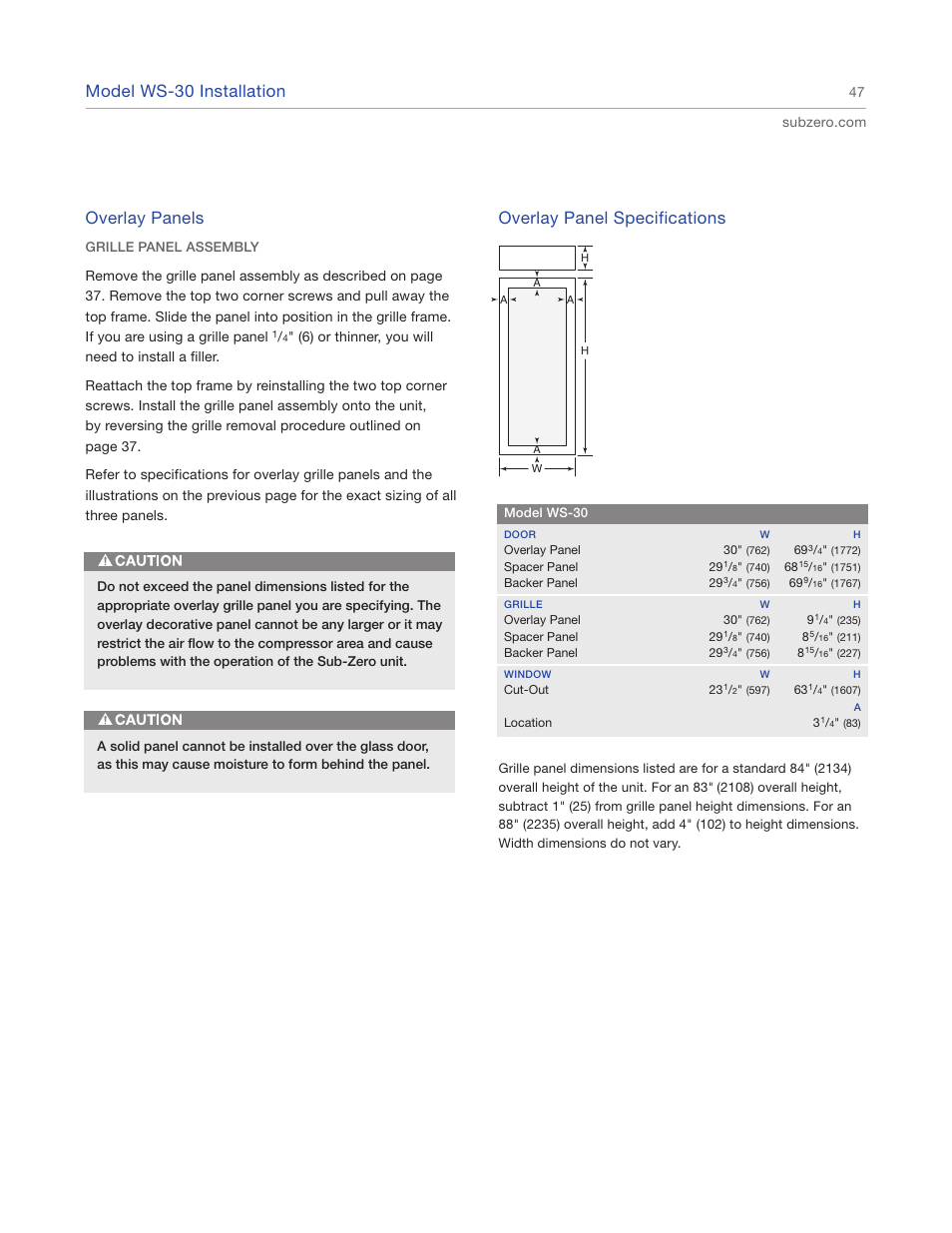 Model ws-30 installation, Overlay panels, Overlay panel specifications | Sub-Zero 427R User Manual | Page 47 / 56