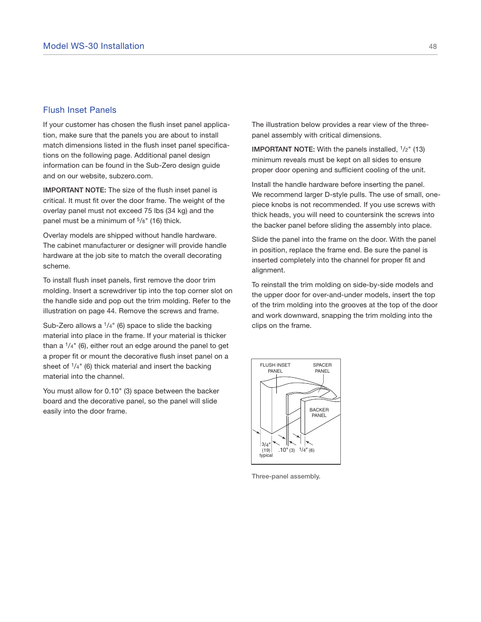 Model ws-30 installation, Flush inset panels | Sub-Zero 427R User Manual | Page 48 / 56