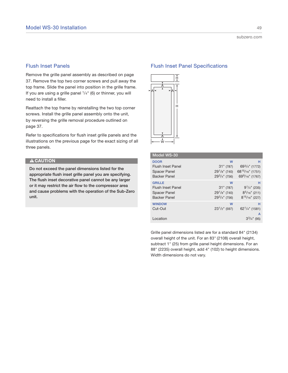 Model ws-30 installation, Flush inset panels, Flush inset panel specifications | Sub-Zero 427R User Manual | Page 49 / 56