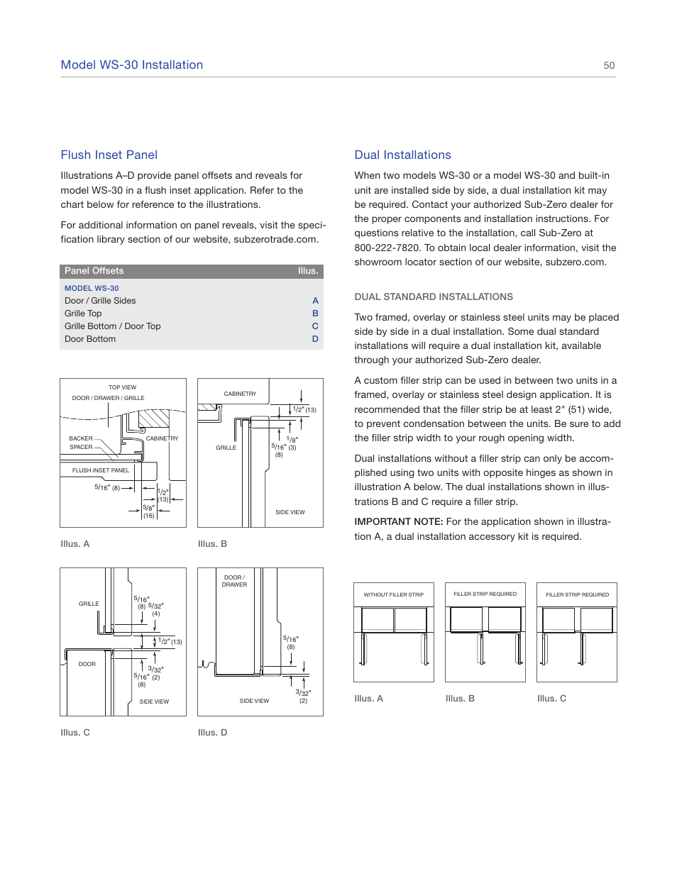 Model ws-30 installation, Flush inset panel, Dual installations | Sub-Zero 427R User Manual | Page 50 / 56