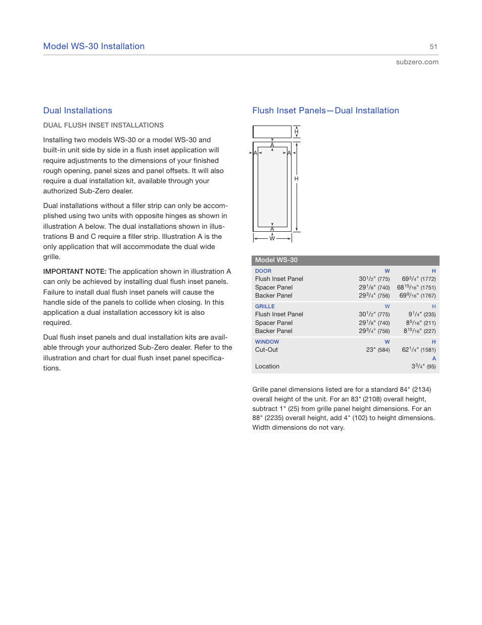 Model ws-30 installation, Dual installations, Flush inset panels—dual installation | Sub-Zero 427R User Manual | Page 51 / 56