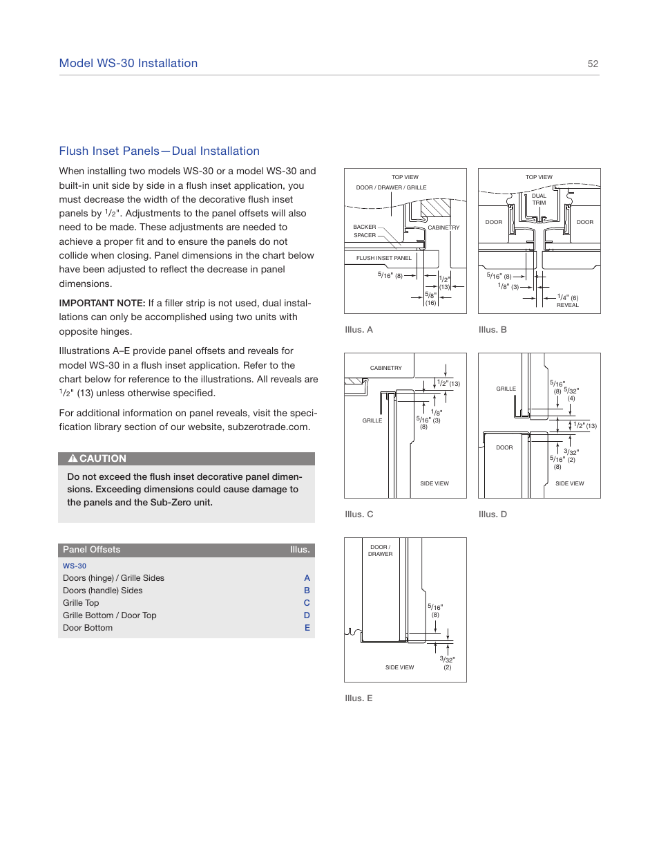 Model ws-30 installation, Flush inset panels—dual installation | Sub-Zero 427R User Manual | Page 52 / 56