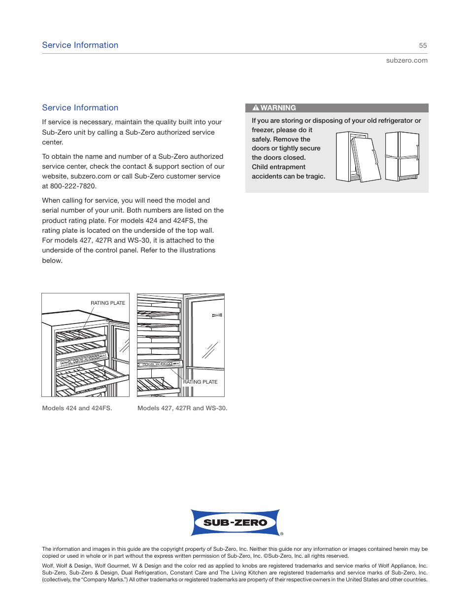 Service information | Sub-Zero 427R User Manual | Page 55 / 56
