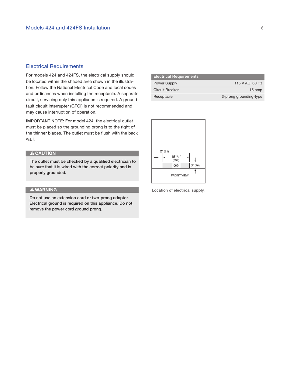 Electrical requirements | Sub-Zero 427R User Manual | Page 6 / 56