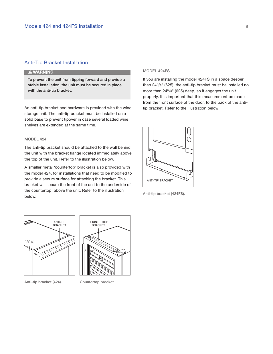 Anti-tip bracket installation | Sub-Zero 427R User Manual | Page 8 / 56