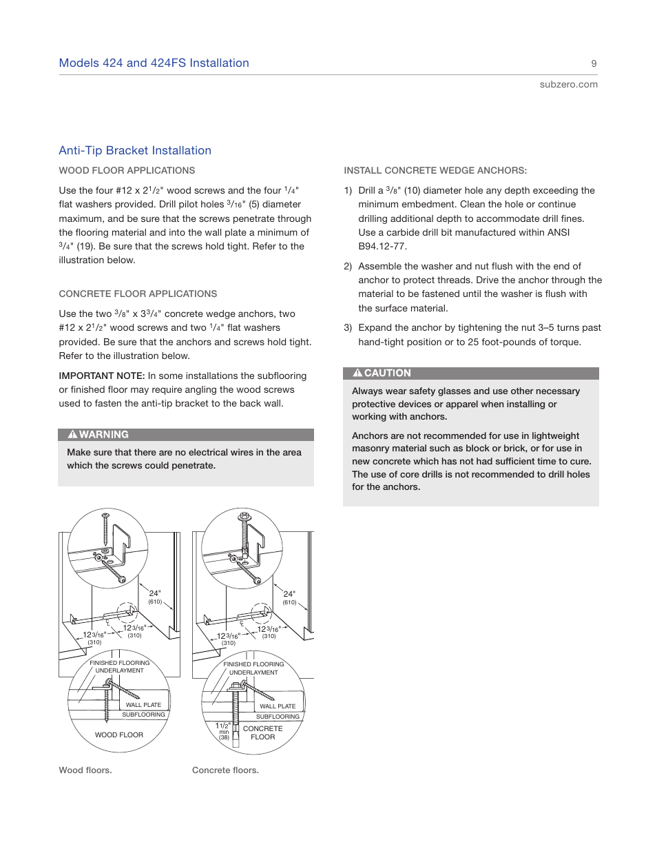 Anti-tip bracket installation | Sub-Zero 427R User Manual | Page 9 / 56