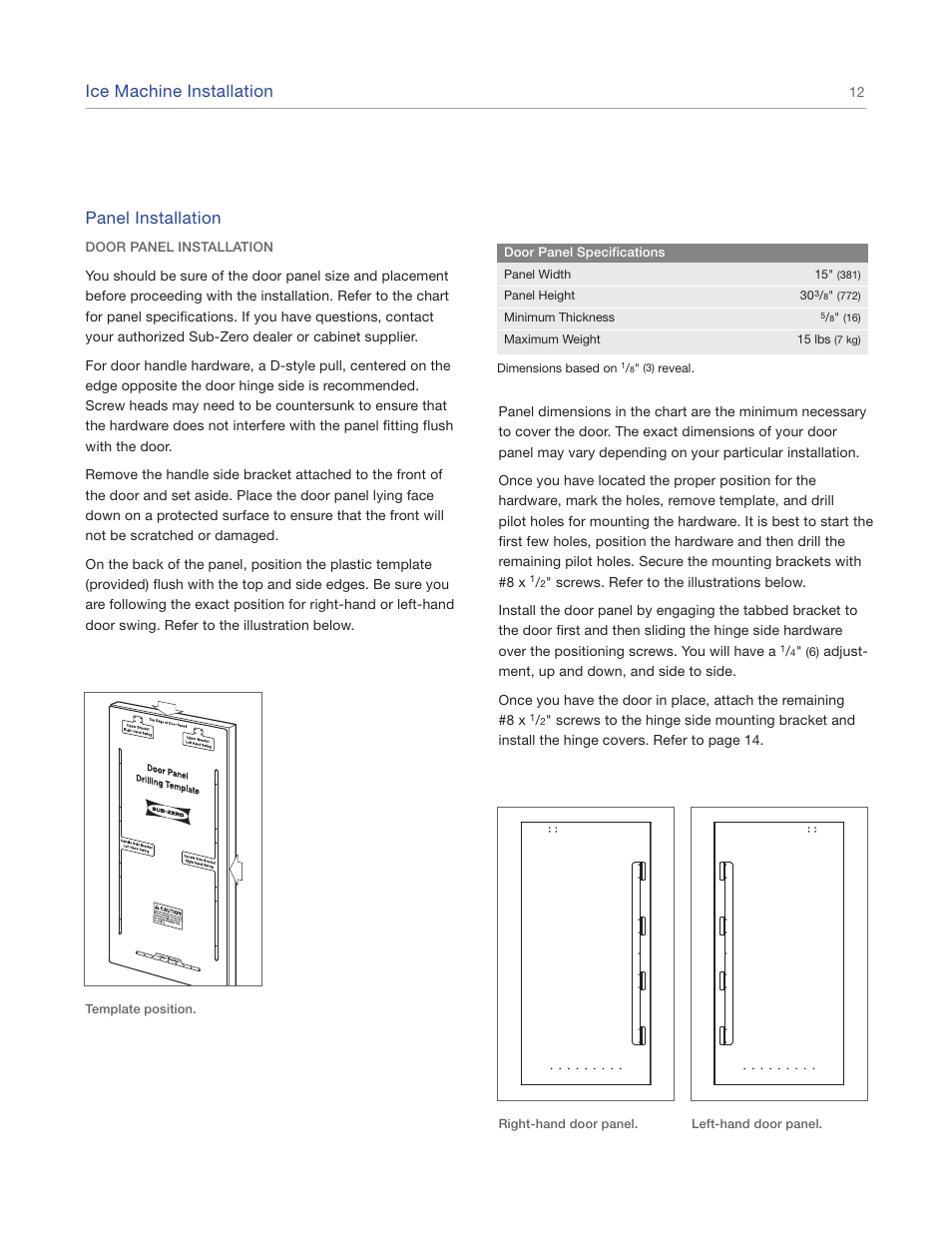 Ice machine installation, Panel installation | Sub-Zero UC15IO User Manual | Page 12 / 16