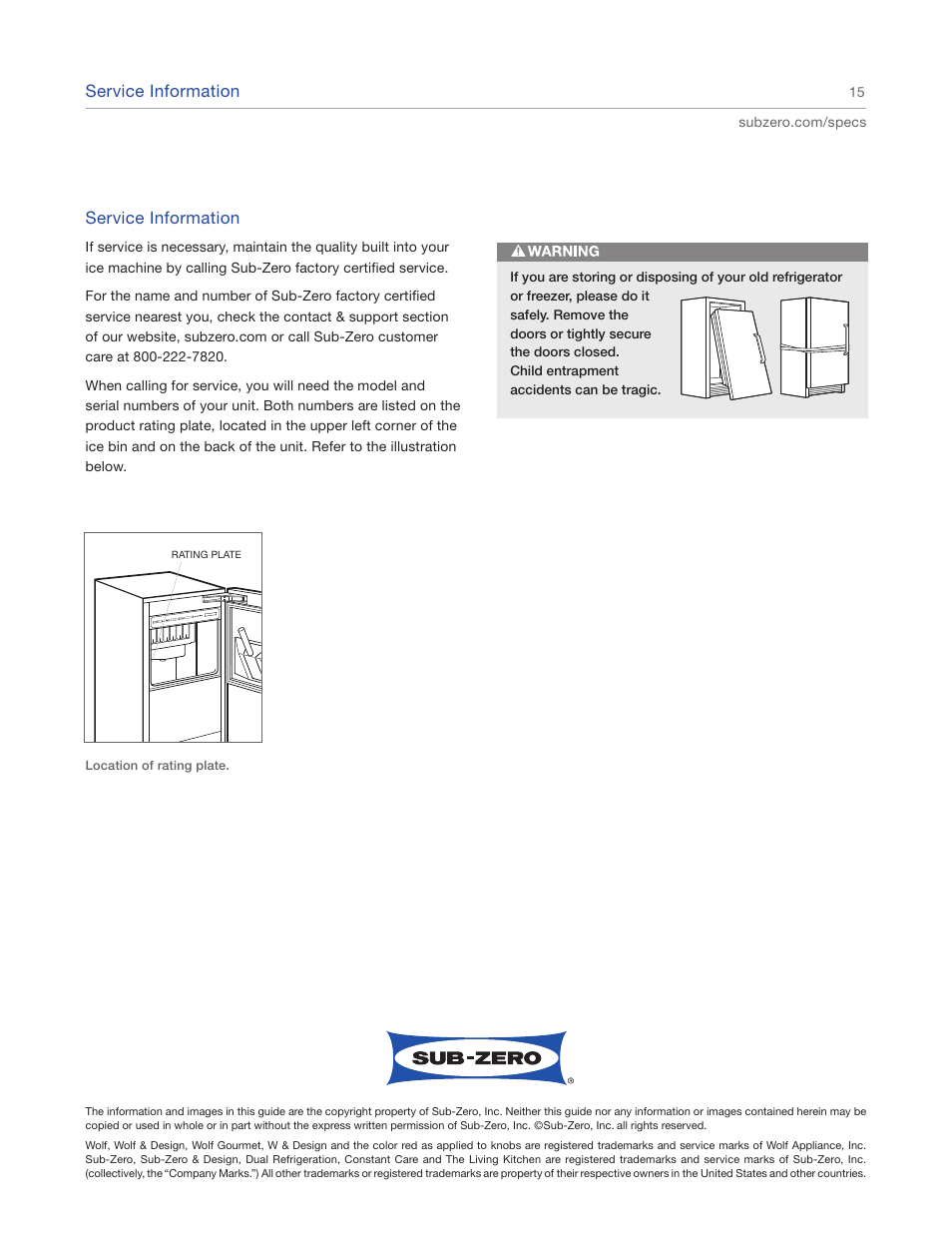 Service information | Sub-Zero UC15IO User Manual | Page 15 / 16