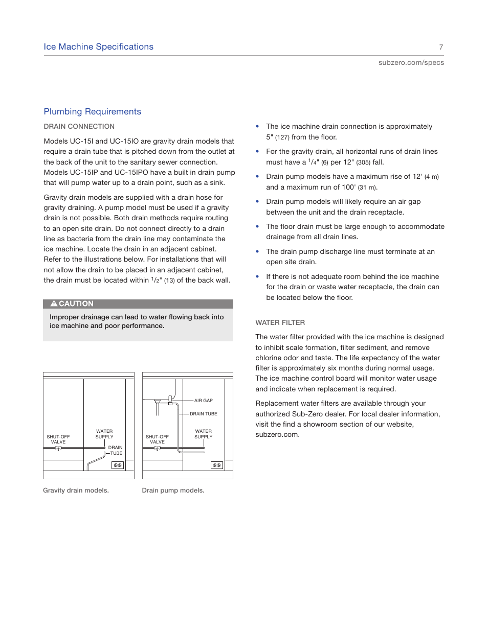 Plumbing requirements, Ice machine specifications | Sub-Zero UC15IO User Manual | Page 7 / 16