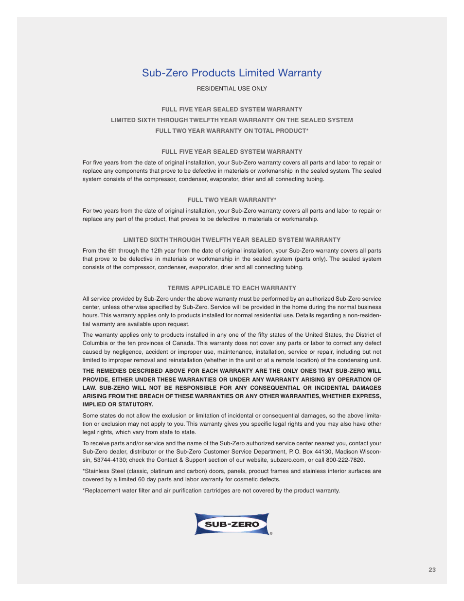Sub-zero products limited warranty | Sub-Zero 400 Series User Manual | Page 23 / 24