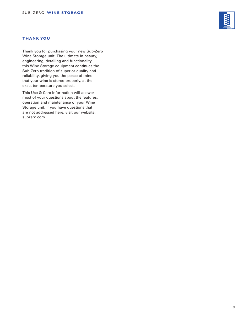 Sub-Zero WINE STORAGE User Manual | Page 3 / 112