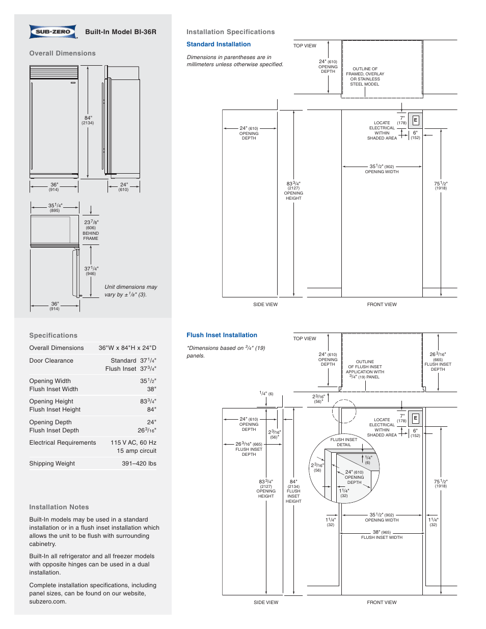 Specifications, Built-in model bi-36r installation specifications, Overall dimensions | Sub-Zero BI-36R User Manual | Page 2 / 2