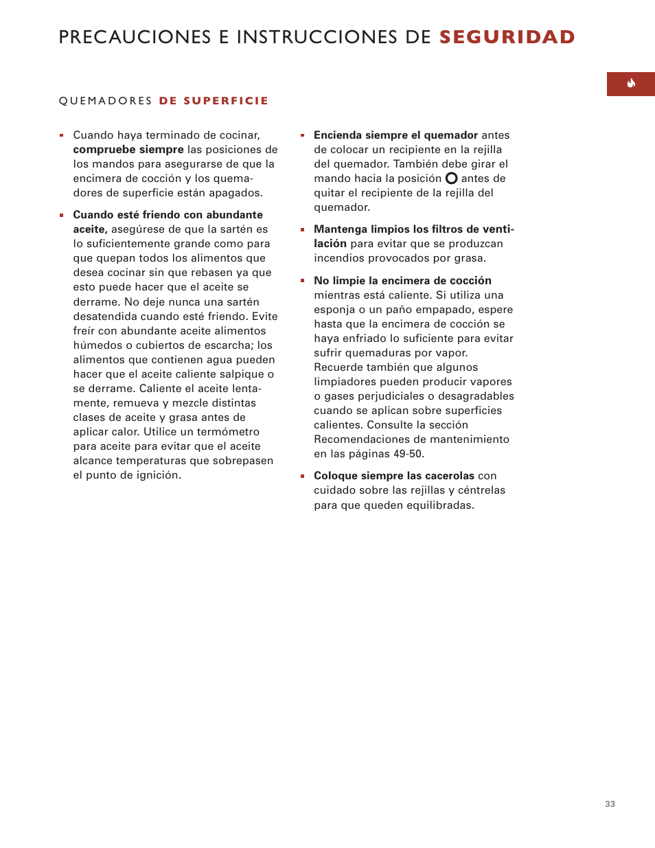 Precauciones e instrucciones de seguridad | Sub-Zero Sealed Burner RangeTop User Manual | Page 33 / 130