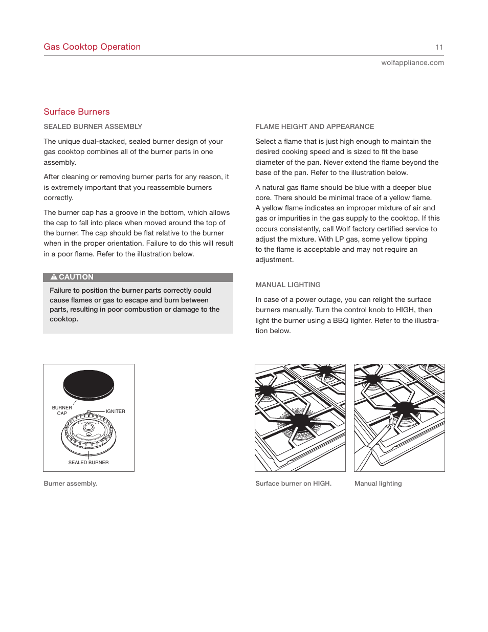 Surface burners, Gas cooktop operation | Sub-Zero CT30G User Manual | Page 11 / 20