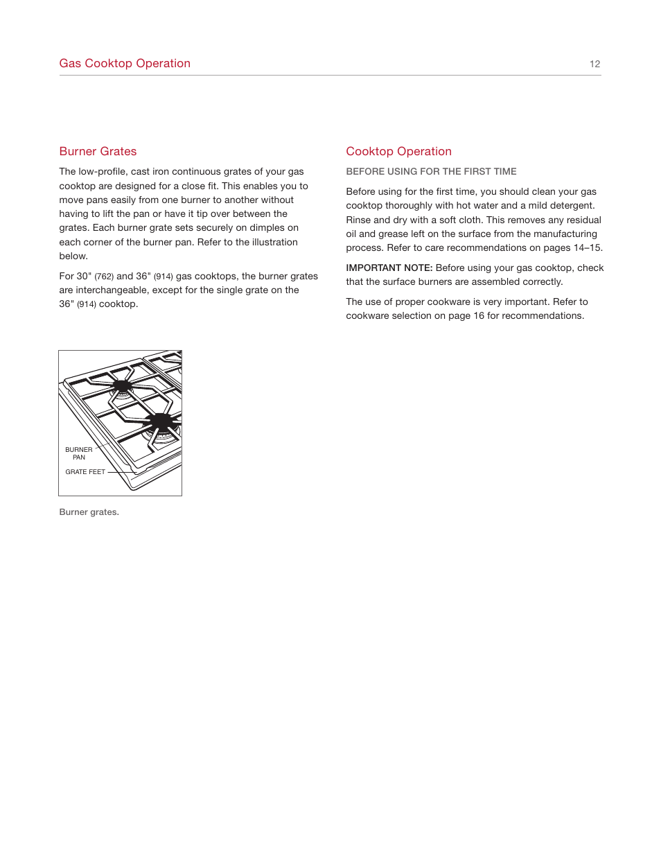 Gas cooktop operation, Cooktop operation, Burner grates | Sub-Zero CT30G User Manual | Page 12 / 20