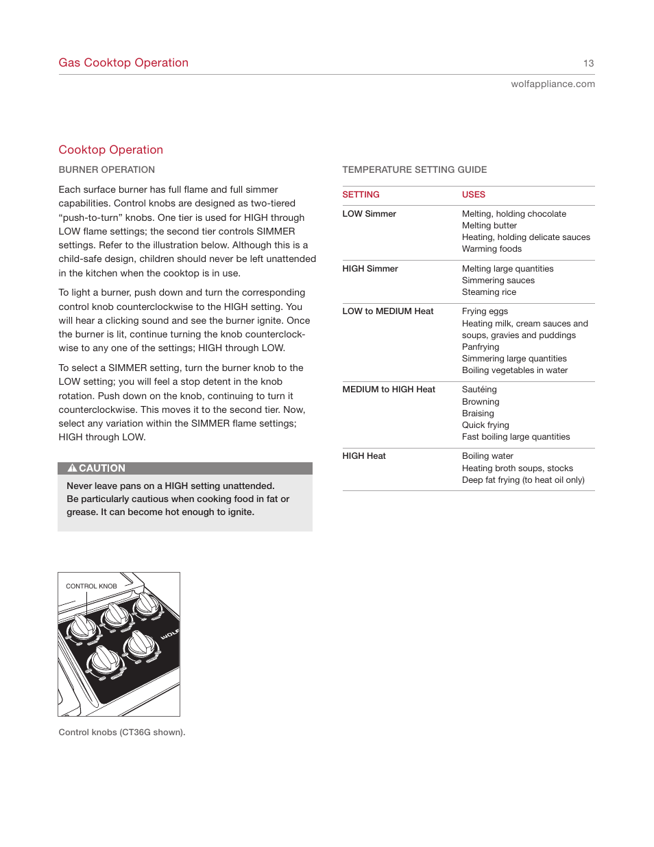 Gas cooktop operation, Cooktop operation, Temperature setting guide | Burner operation, Control knobs (ct36g shown) | Sub-Zero CT30G User Manual | Page 13 / 20