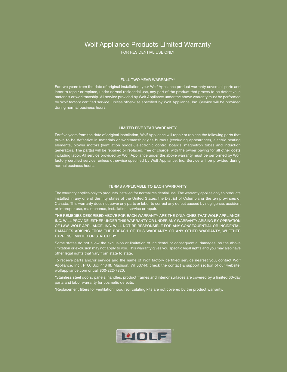 Wolf appliance products limited warranty | Sub-Zero CT30G User Manual | Page 19 / 20