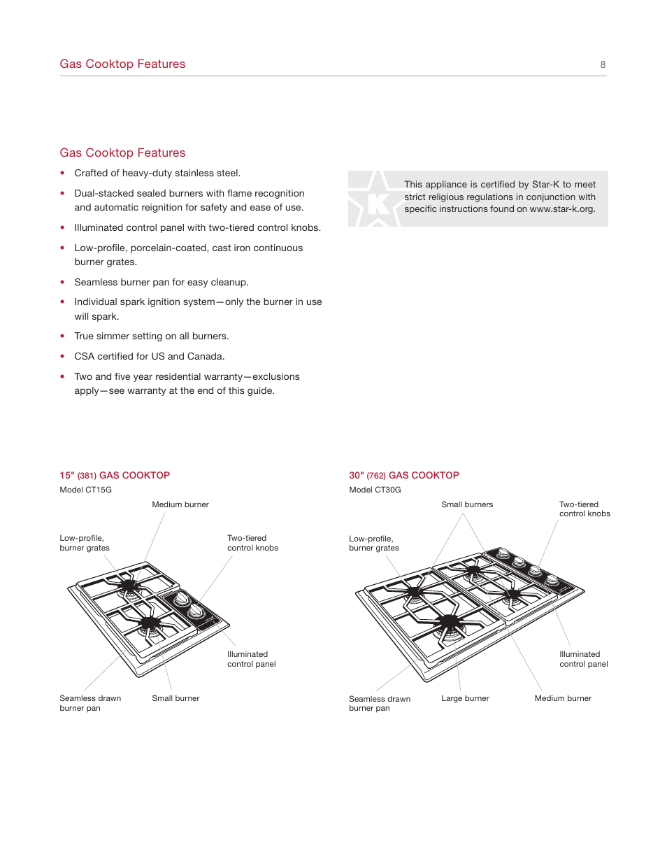 Gas cooktop features | Sub-Zero CT30G User Manual | Page 8 / 20
