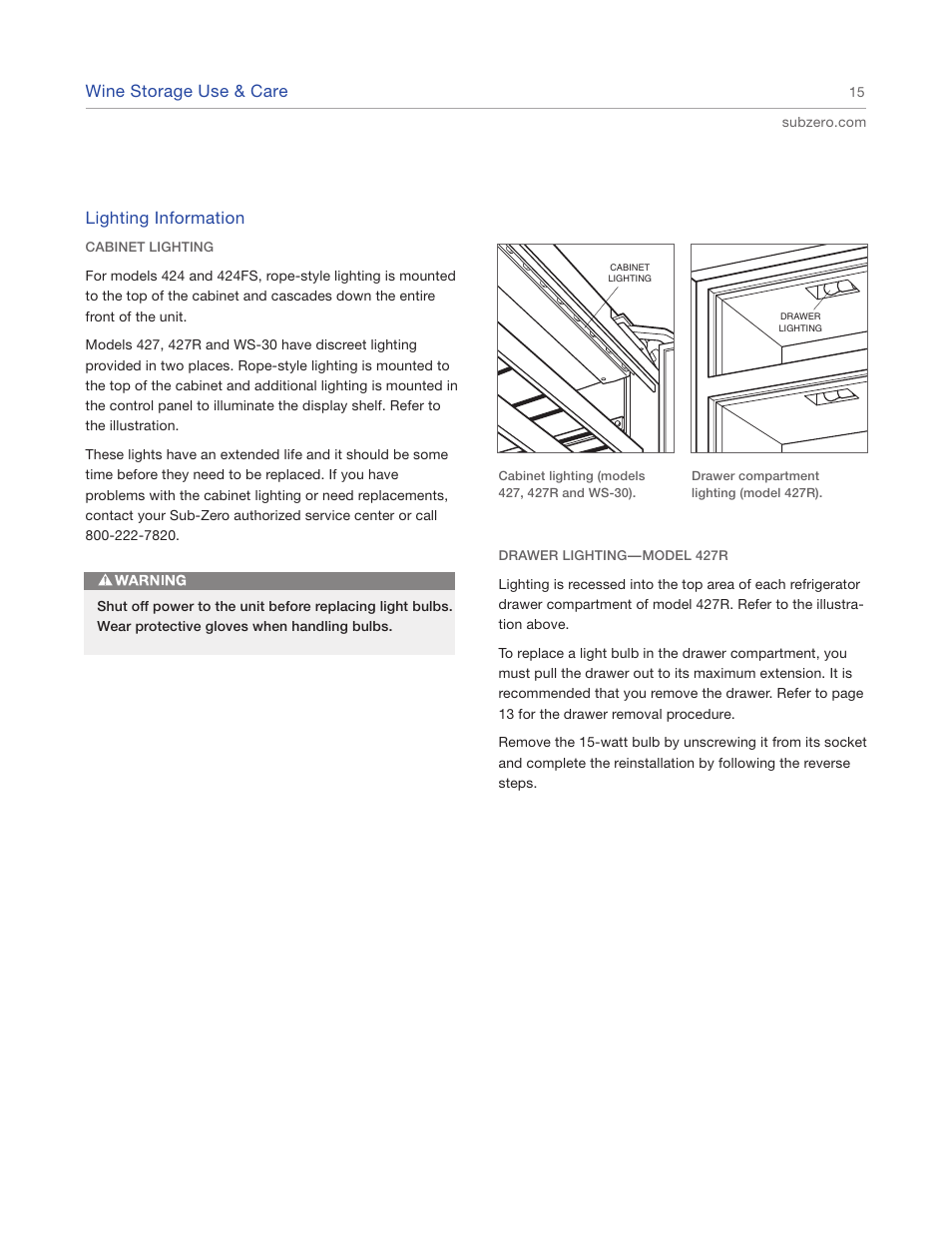 Lighting information, Wine storage use & care | Sub-Zero Sub-Zero EN User Manual | Page 15 / 24