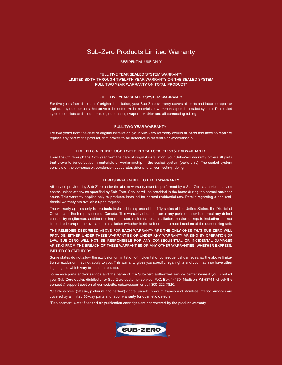 Sub-zero products limited warranty | Sub-Zero Sub-Zero EN User Manual | Page 23 / 24