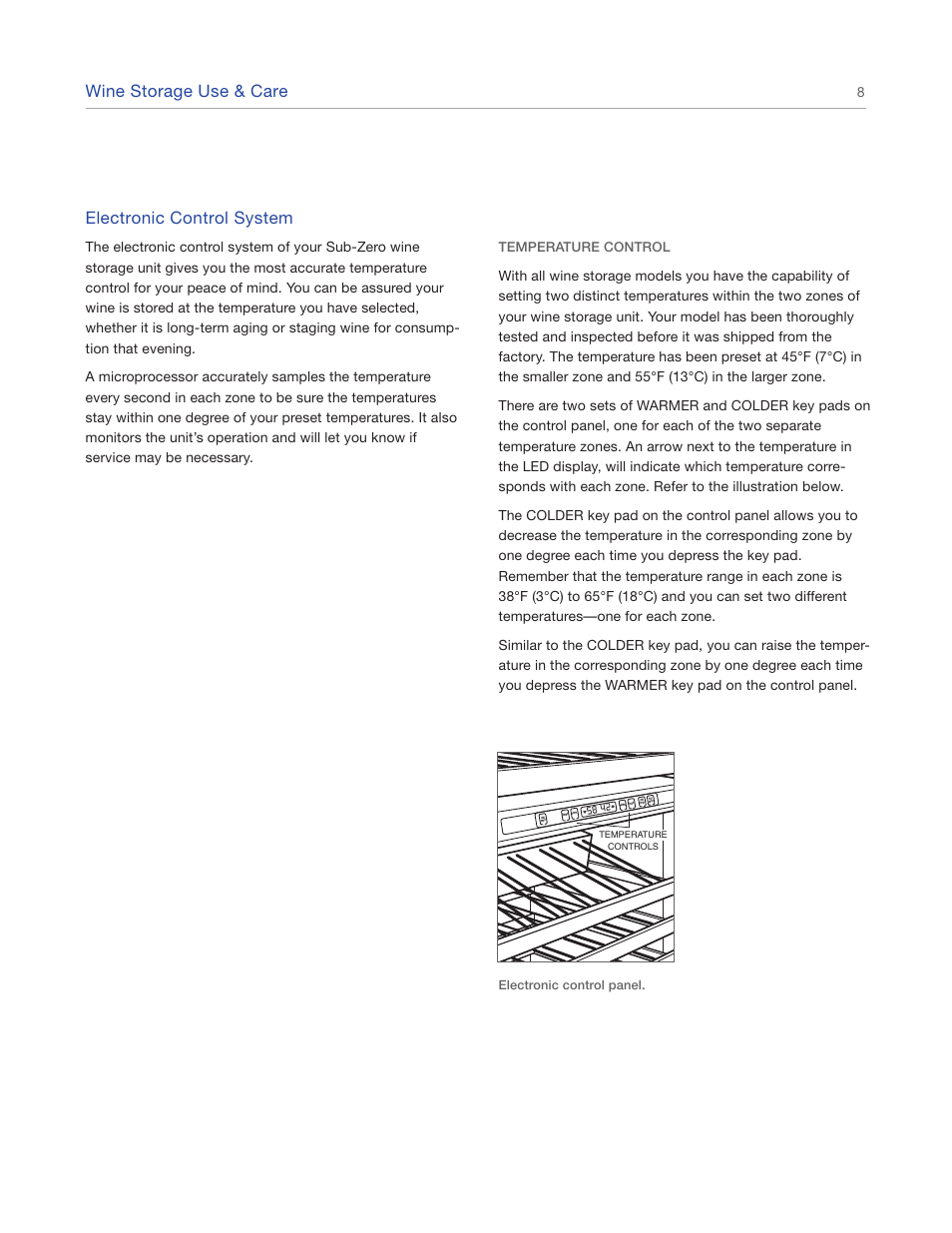 Electronic control system, Wine storage use & care | Sub-Zero Sub-Zero EN User Manual | Page 8 / 24
