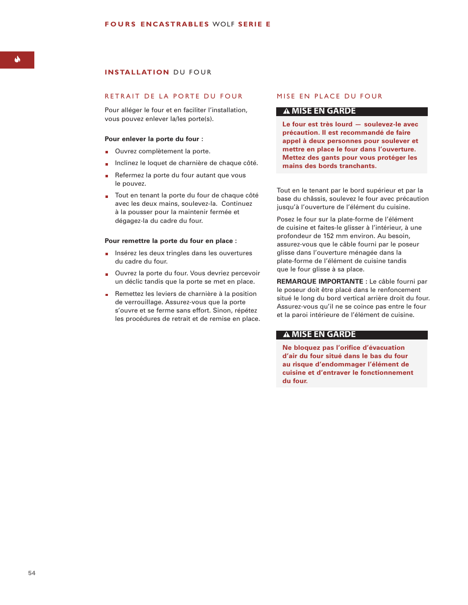 Mise en garde | Sub-Zero e Series User Manual | Page 54 / 94