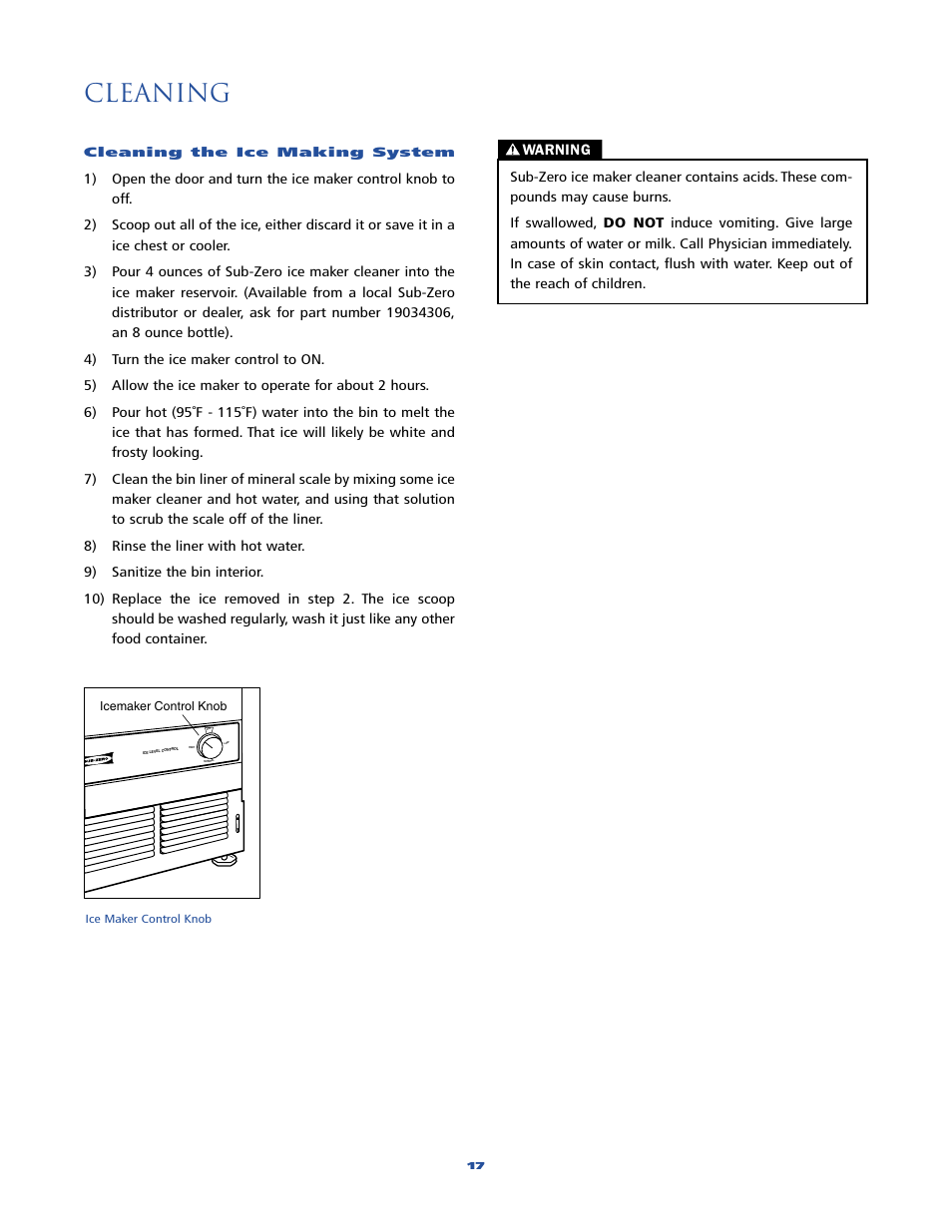 Cleaning | Sub-Zero 315 User Manual | Page 17 / 24
