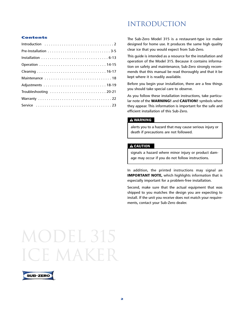 Model 315 ice maker, Introduction | Sub-Zero 315 User Manual | Page 2 / 24