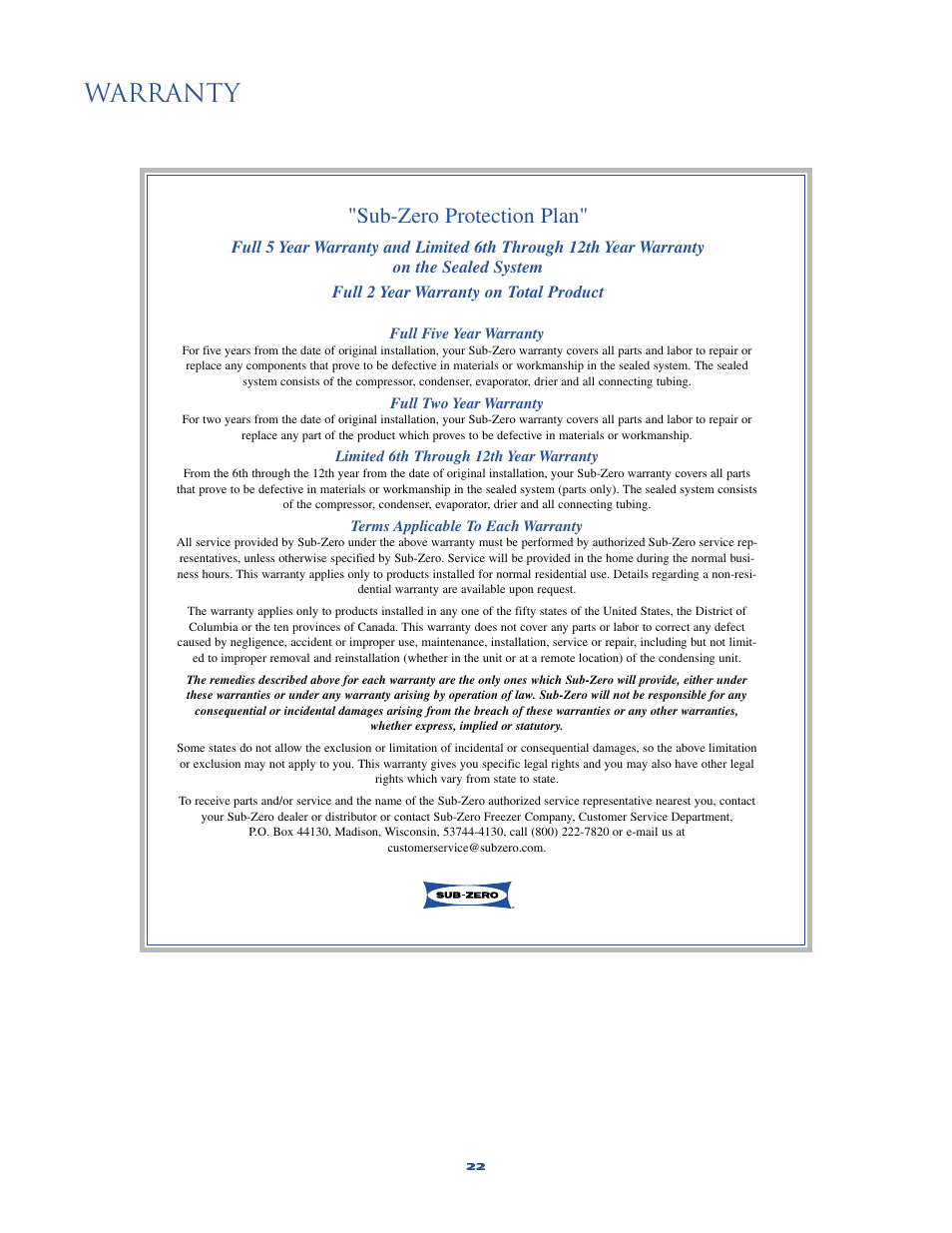 Warranty, Sub-zero protection plan | Sub-Zero 315 User Manual | Page 22 / 24