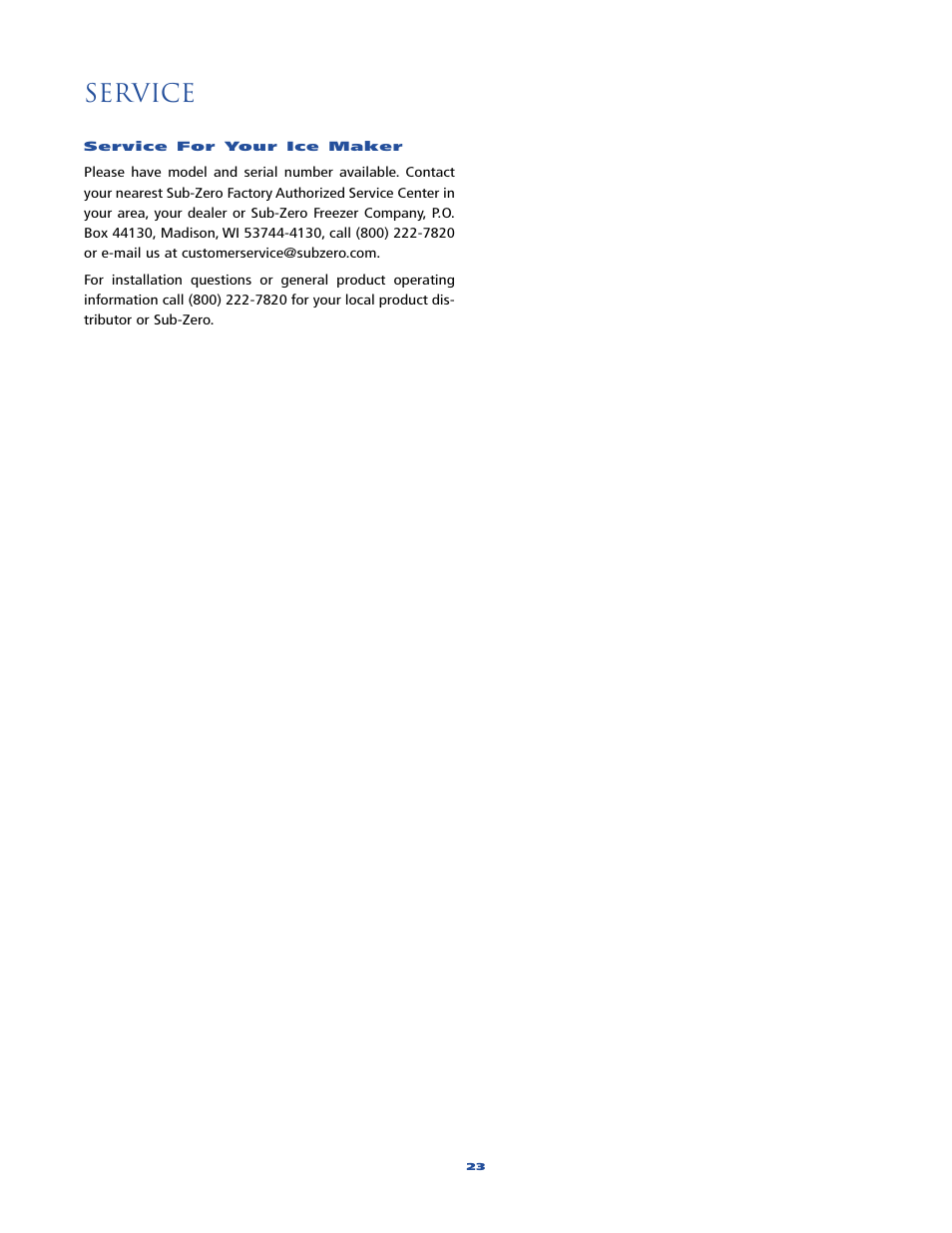 Service | Sub-Zero 315 User Manual | Page 23 / 24