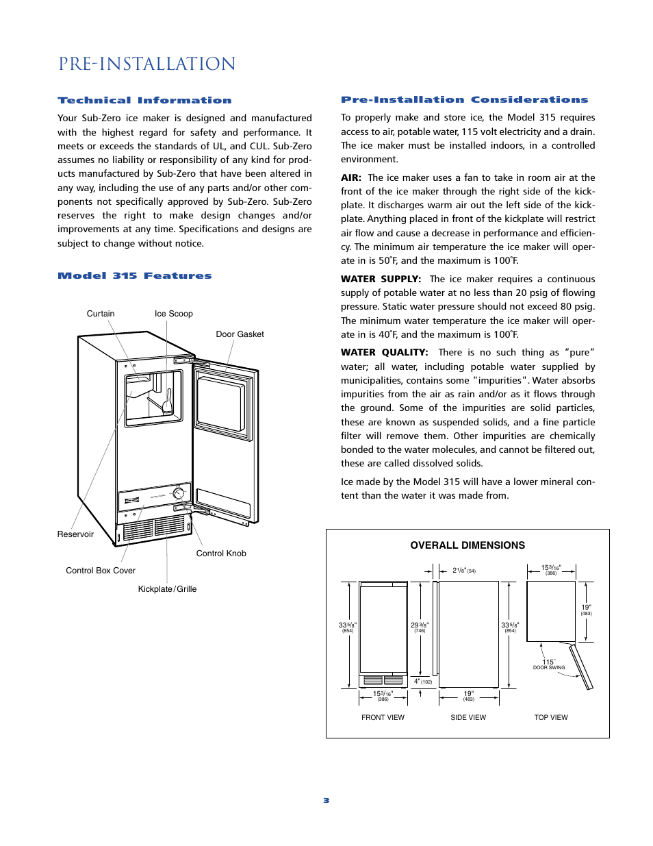 Pre-installation, Overall dimensions high low norma l off | Sub-Zero 315 User Manual | Page 3 / 24