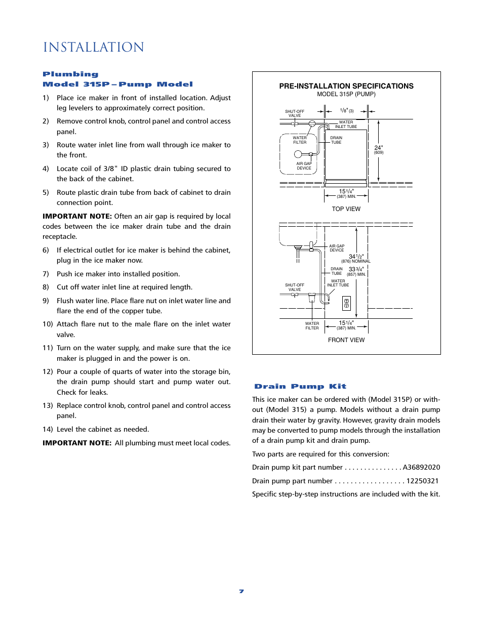 Installation | Sub-Zero 315 User Manual | Page 7 / 24