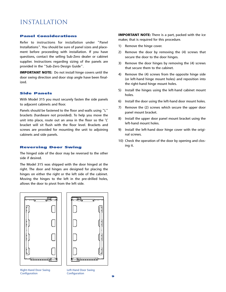 Installation | Sub-Zero 315 User Manual | Page 9 / 24