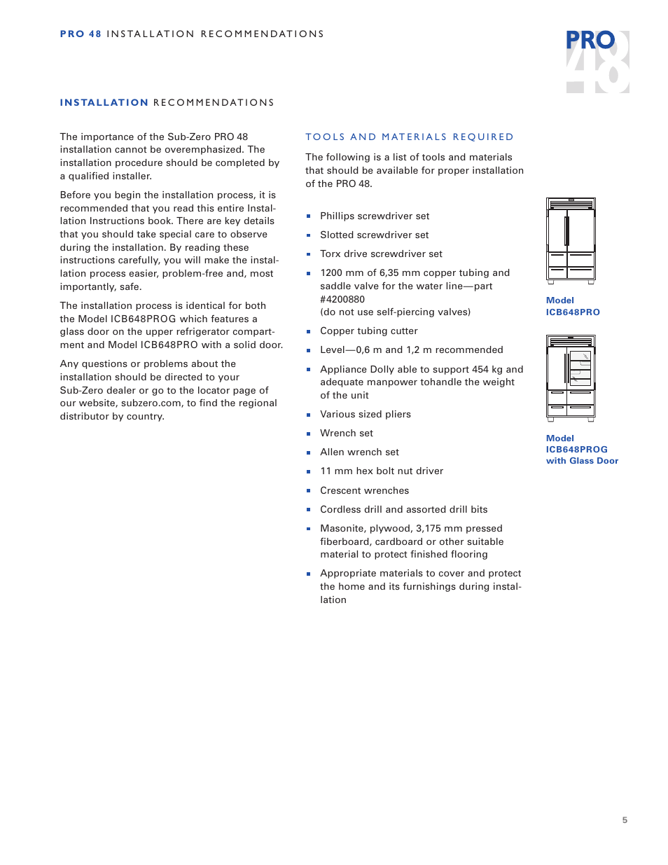 5model icb648prog with glass door, Model icb648pro | Sub-Zero PRO 48 User Manual | Page 5 / 76