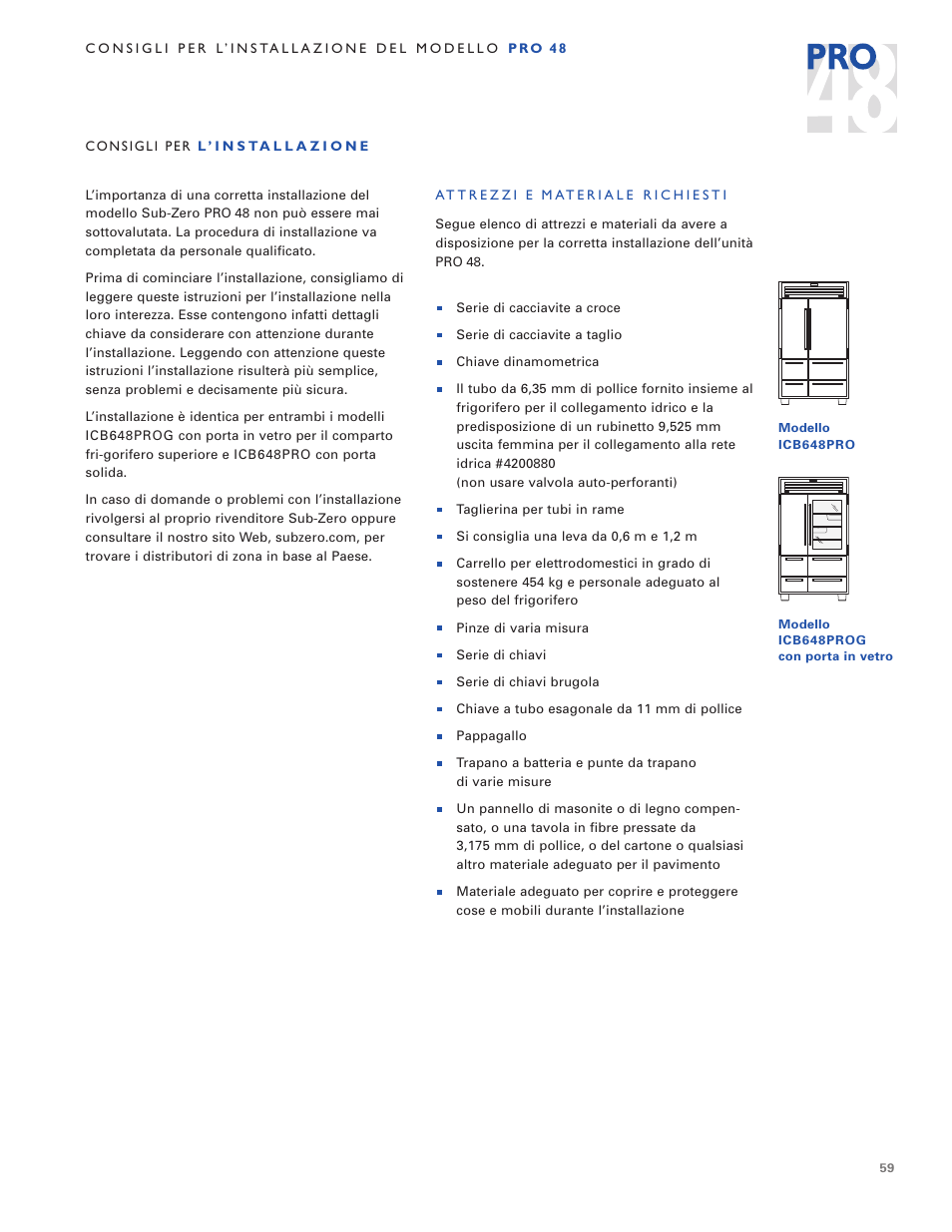 Modello icb648pro | Sub-Zero PRO 48 User Manual | Page 59 / 76