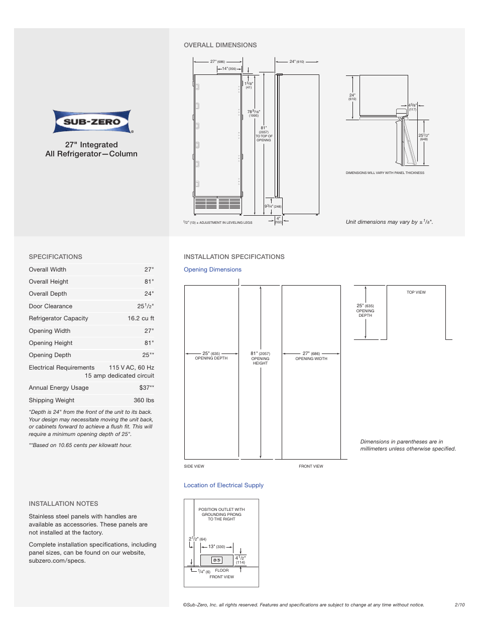 27" integrated all refrigerator—column | Sub-Zero IC-27R User Manual | Page 2 / 2