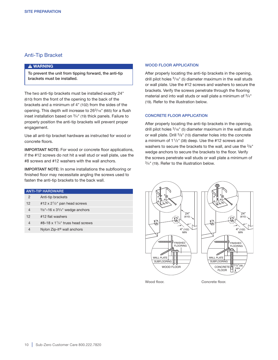 Anti-tip bracket | Sub-Zero BI-36RG User Manual | Page 10 / 20