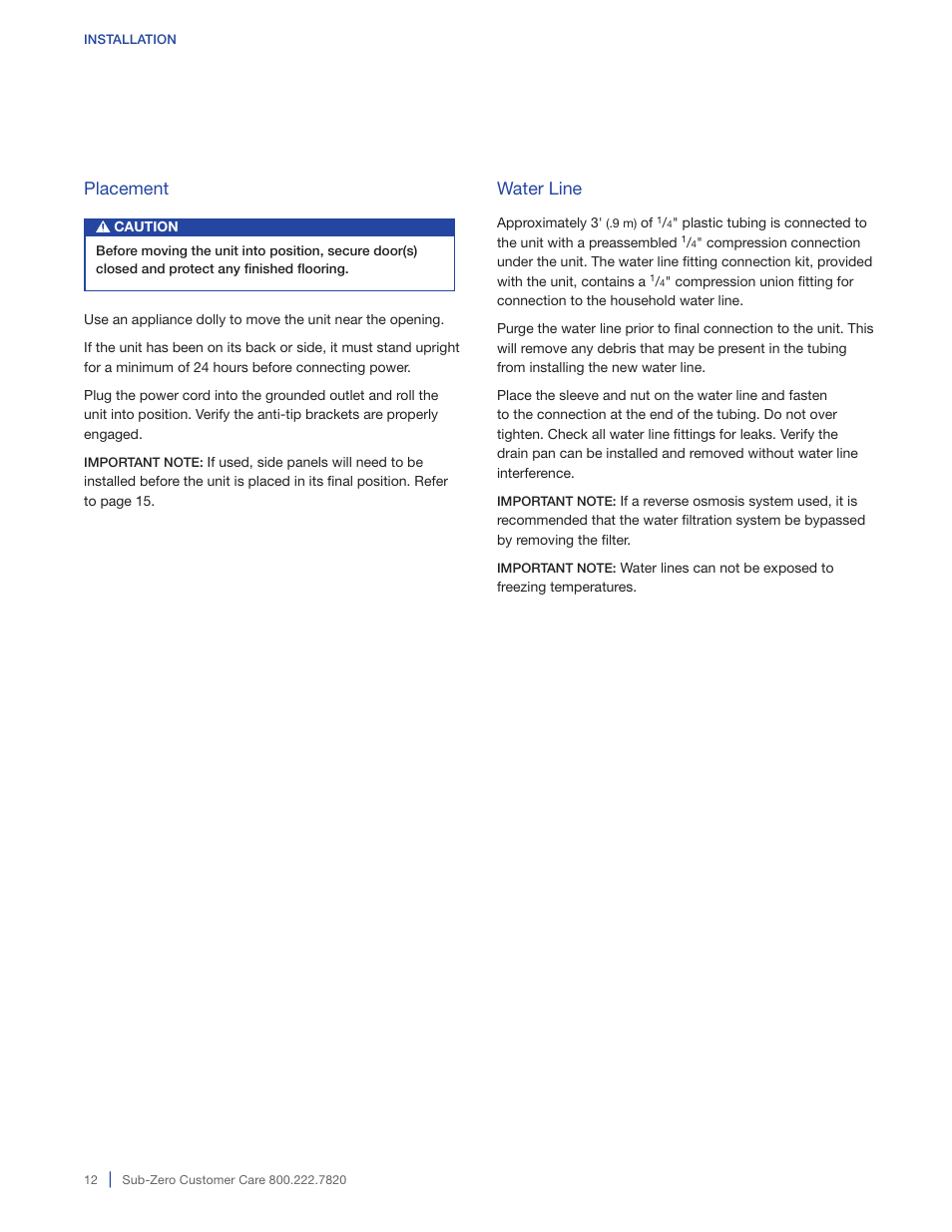 Water line, Placement | Sub-Zero BI-36RG User Manual | Page 12 / 20