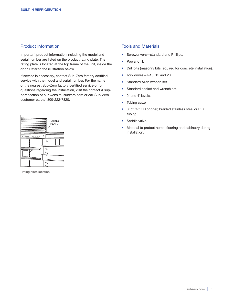 Product information, Tools and materials | Sub-Zero BI-36RG User Manual | Page 3 / 20