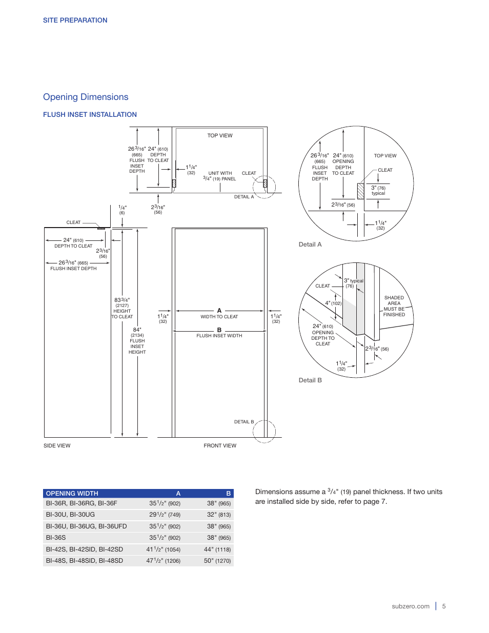 Opening dimensions, Dimensions assume a | Sub-Zero BI-36RG User Manual | Page 5 / 20