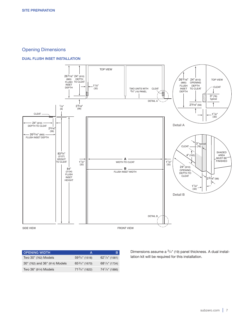 Opening dimensions, Dimensions assume a | Sub-Zero BI-36RG User Manual | Page 7 / 20