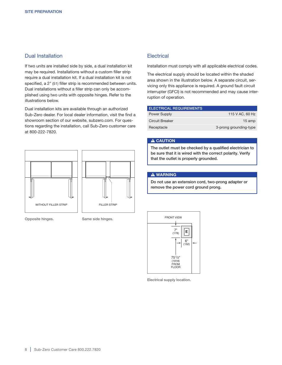 Electrical, Dual installation | Sub-Zero BI-36RG User Manual | Page 8 / 20