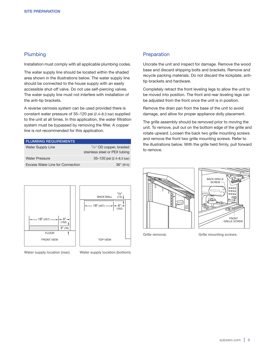 Plumbing, Preparation | Sub-Zero BI-36RG User Manual | Page 9 / 20